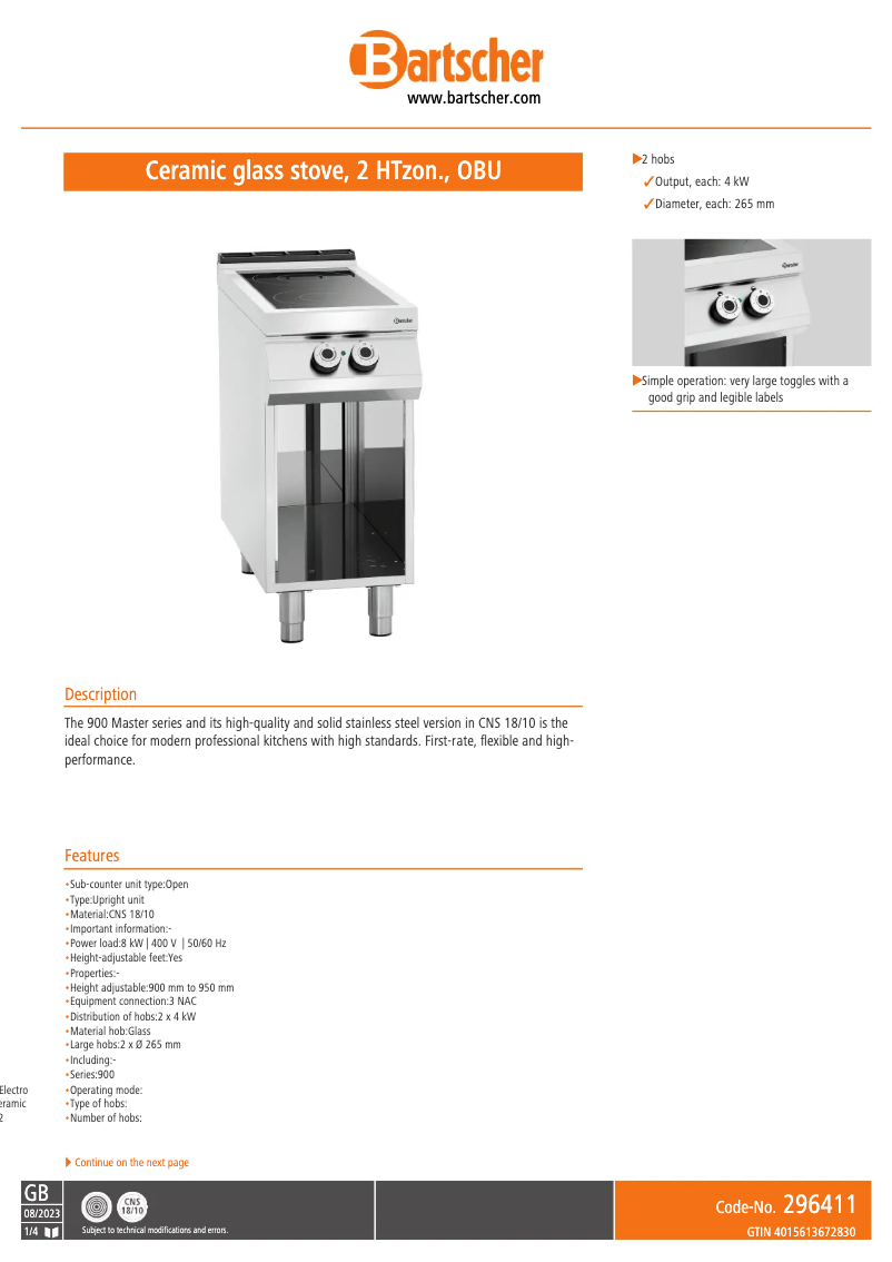 Página 1 del manual Ficha técnica Bartscher 296411