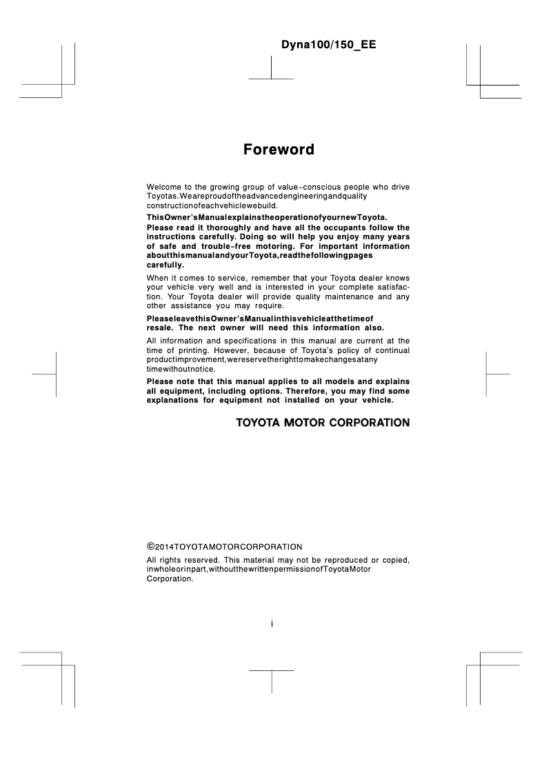 Page 1 de la notice Manuel utilisateur Toyota Dyna 100 (2014)