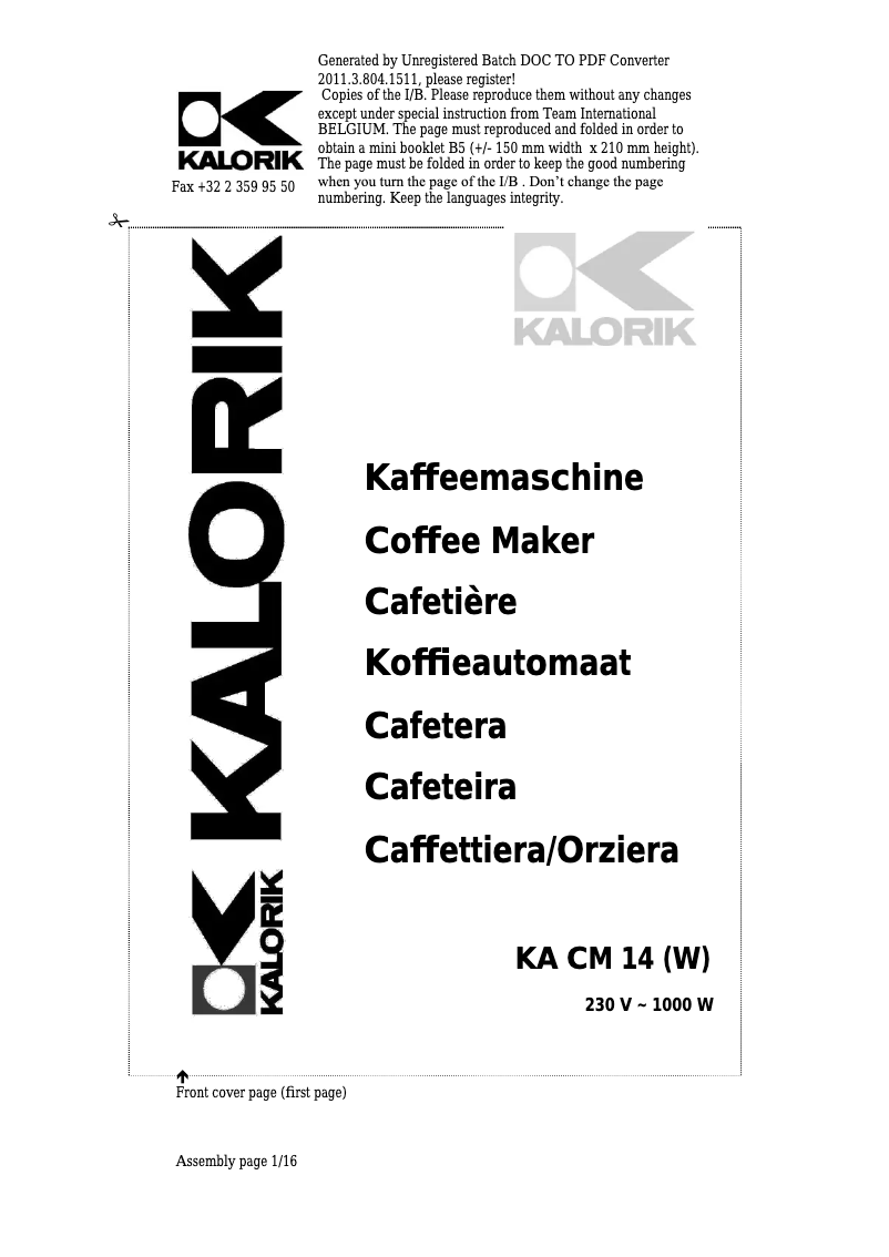 Page 1 de la notice Manuel utilisateur Kalorik KA CM 14 W