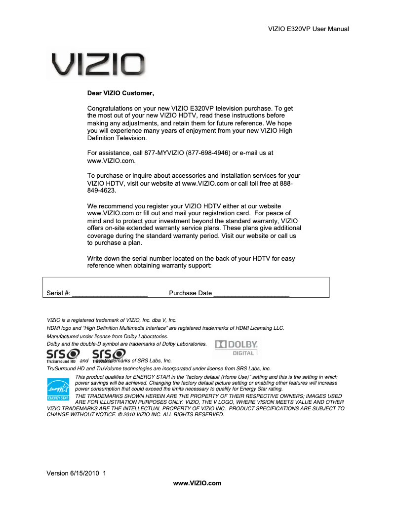 Page 1 de la notice Manuel utilisateur VIZIO E320VP
