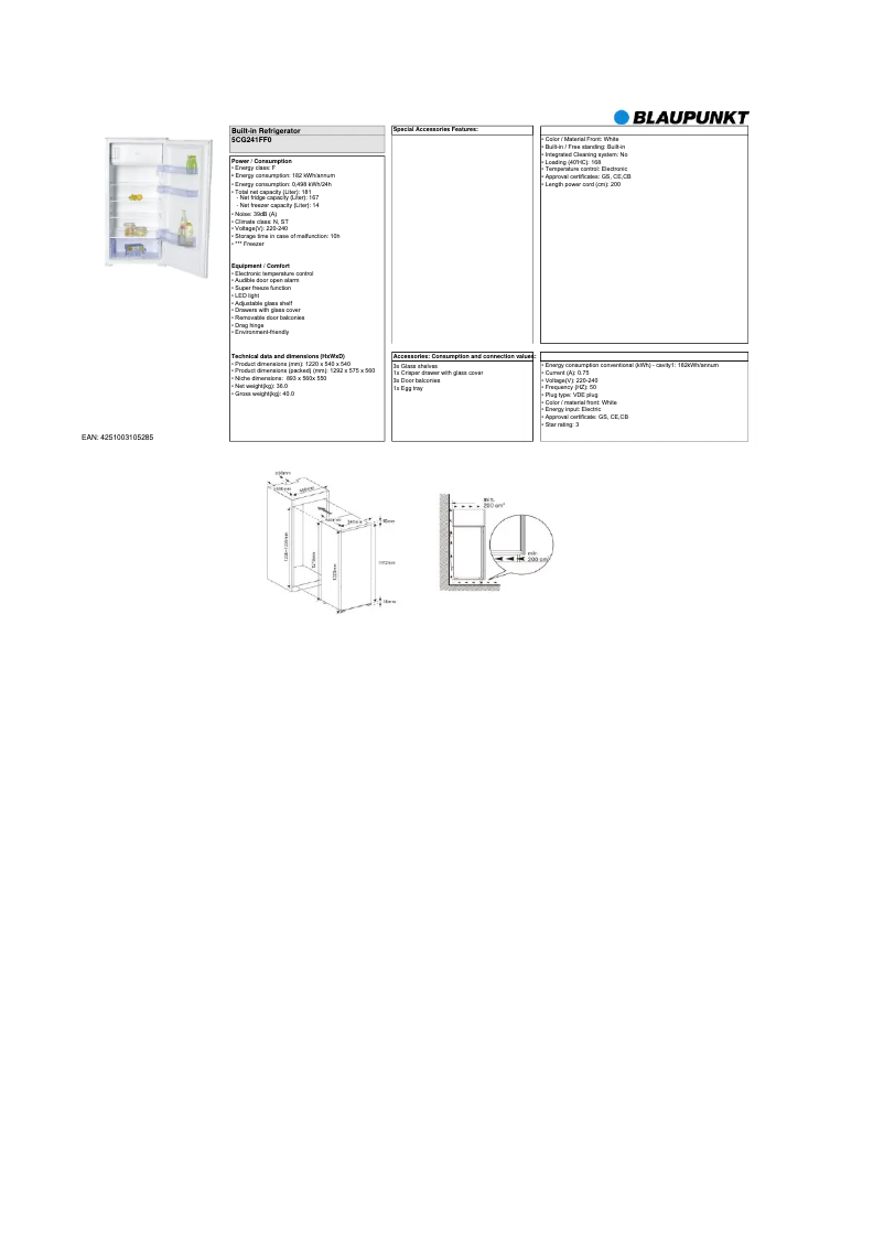 Page 1 de la notice Fiche technique Blaupunkt 5CG241FF0