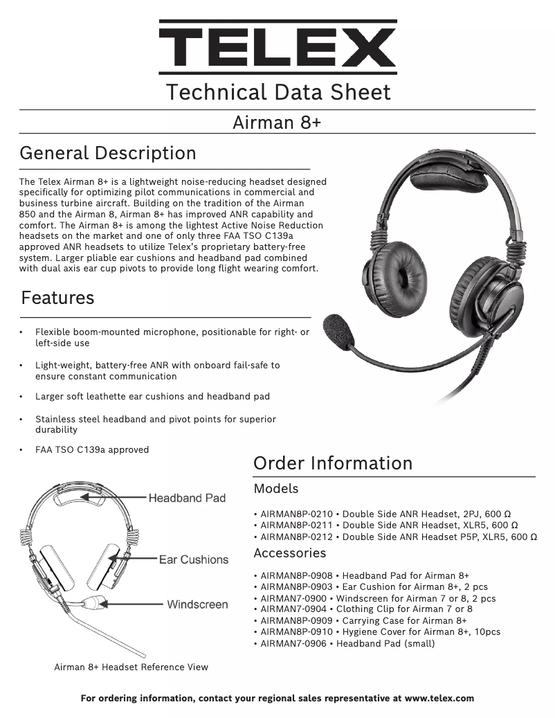 Page 1 de la notice Fiche technique Telex Airman 8+