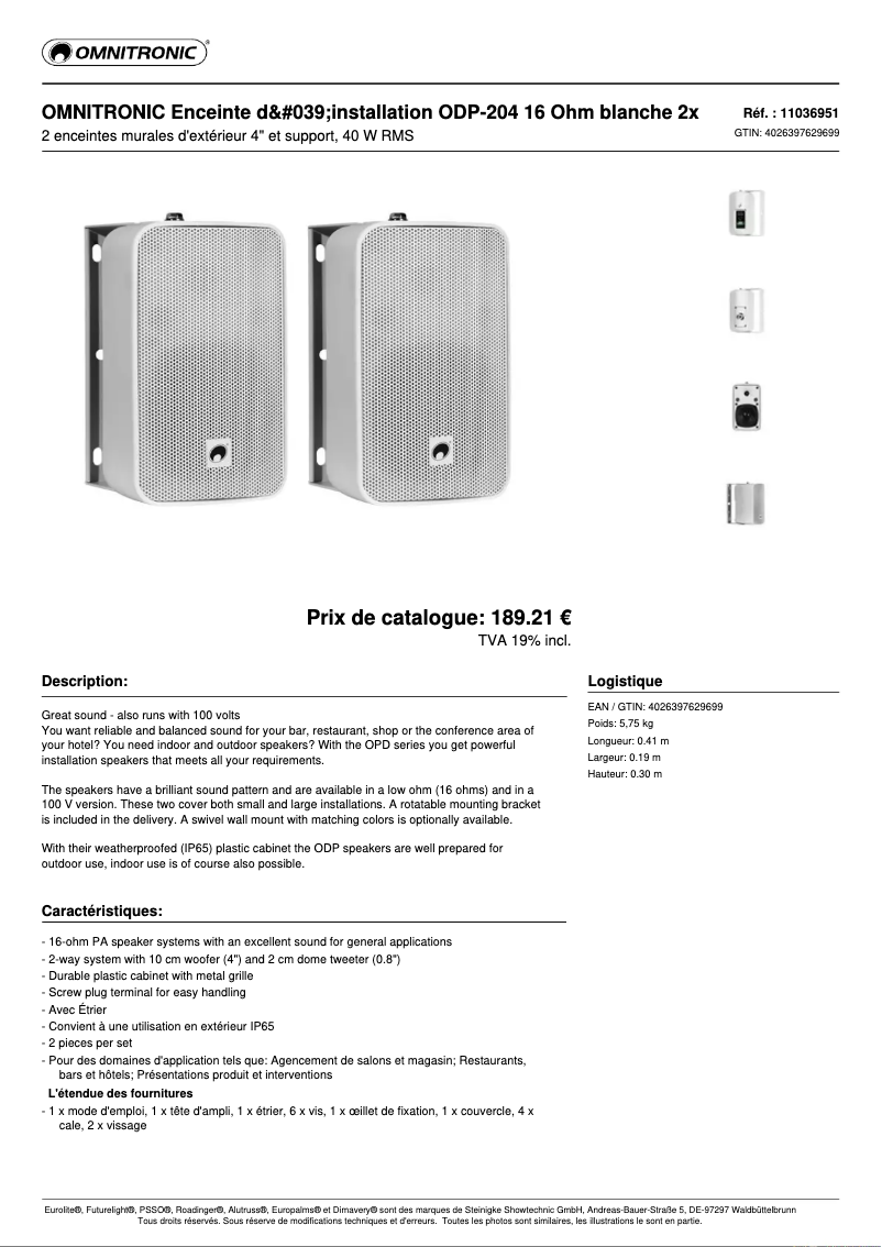 Page n°1 - Fiche technique Omnitronic ODP-204
