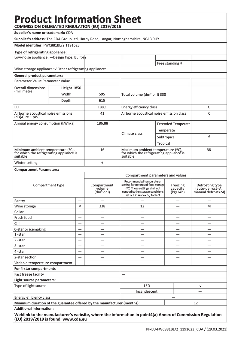 Page n°1 - Fiche technique CDA FWC881BL