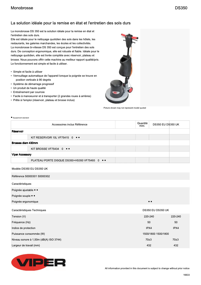 Page 1 de la notice Fiche technique Nilfisk DS350