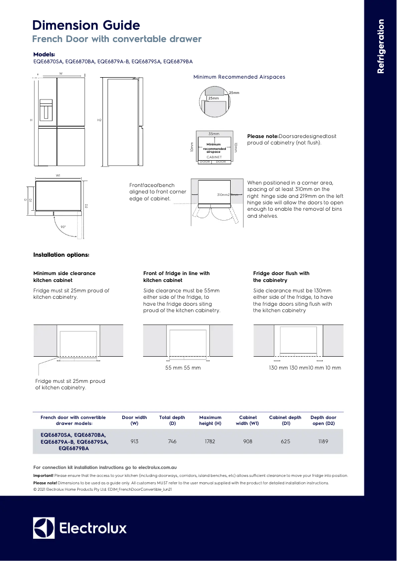 Page 1 de la notice Dessin technique Electrolux EQE6879A-B