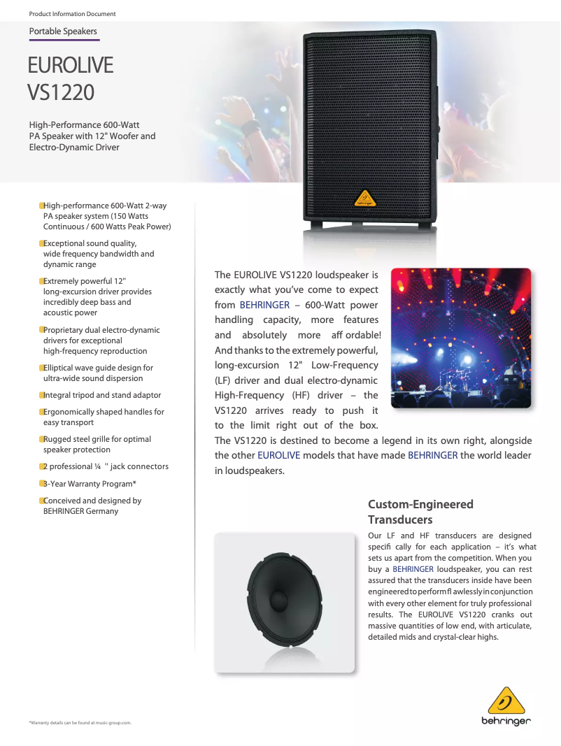 Page 1 de la notice Fiche technique Behringer VS1220