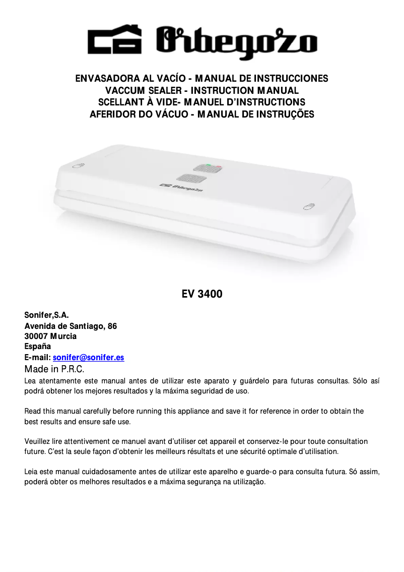 Page 1 de la notice Manuel utilisateur Orbegozo EV 3400