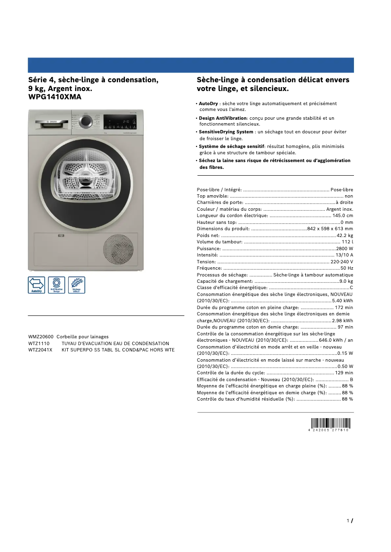 Image de la première page du manuel de l'appareil WPG1410XMA