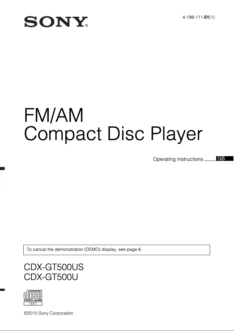 Image de la première page du manuel de l'appareil CDX-GT500US