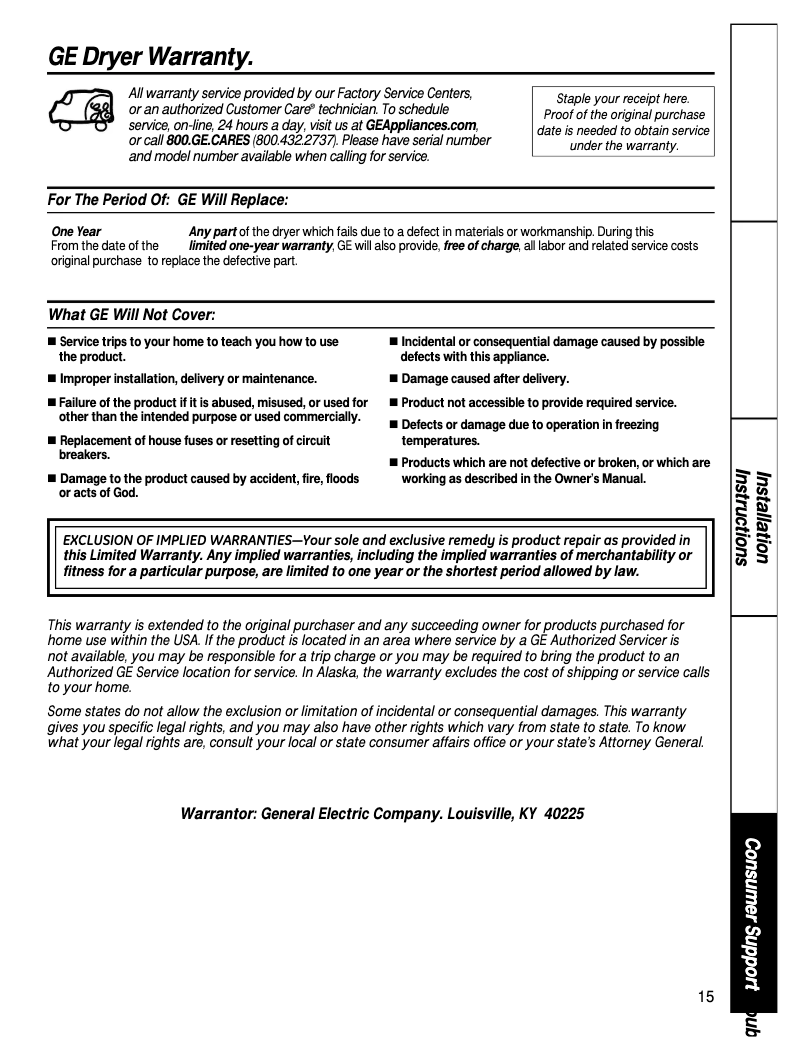 Page 1 de la notice Informations de garantie GE DSKS333ECWW
