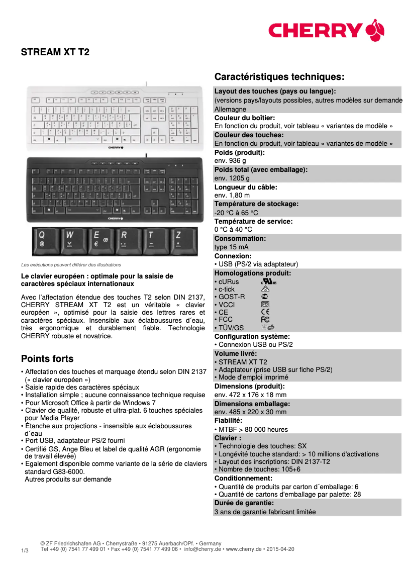 Page 1 de la notice Fiche technique Cherry Stream XT T2