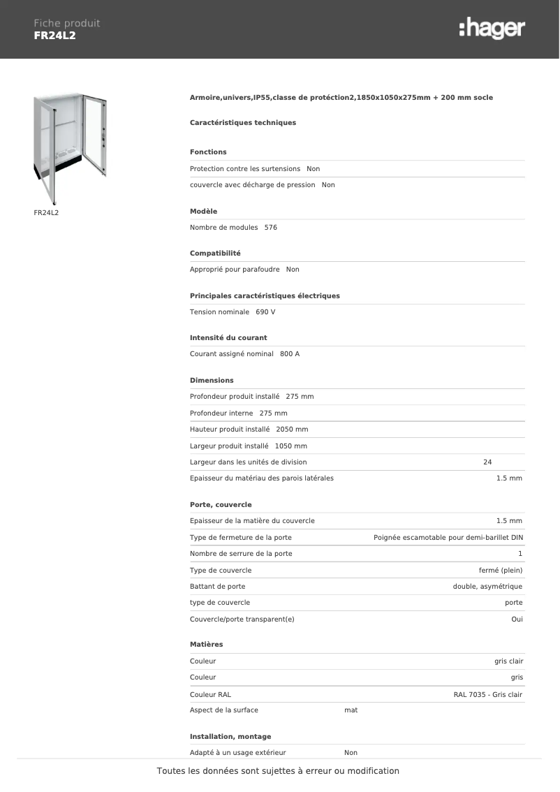Page 1 de la notice Fiche technique Hager FR24L2