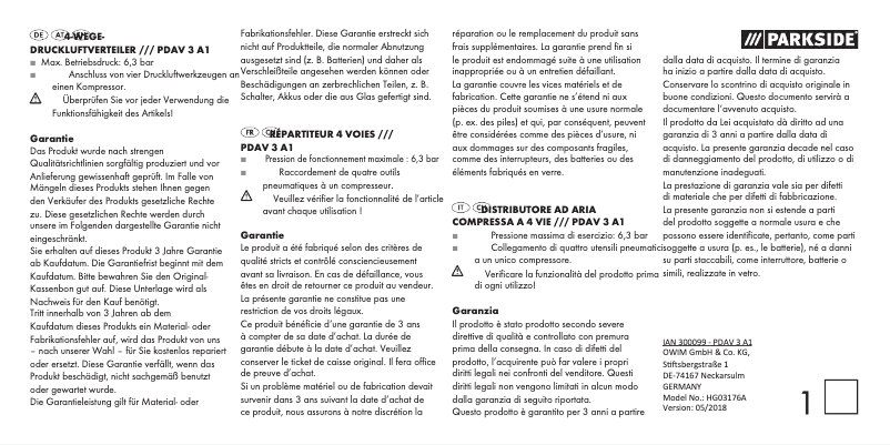 Page n°1 - Manuel utilisateur Parkside PDAV 3 A1