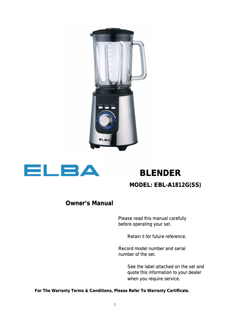 Page 1 de la notice Manuel utilisateur Elba EBL-A1812G