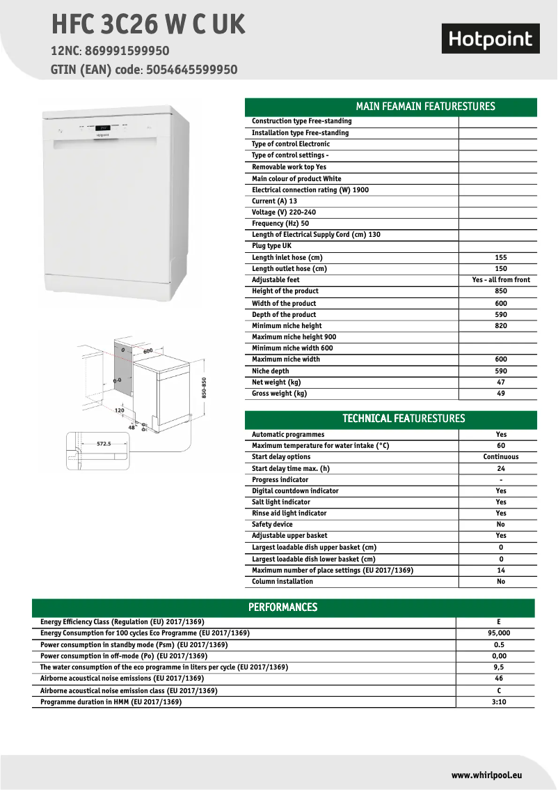 Page 1 de la notice Fiche technique Hotpoint HFC 3C26 W C UK
