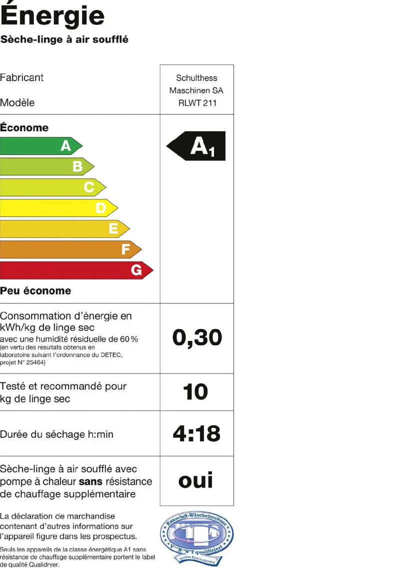 Page 1 de la notice Label énergétique Schulthess Ventus 211