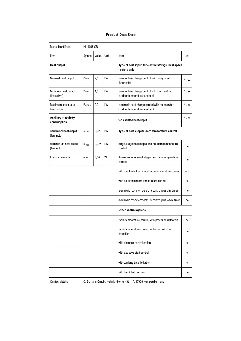 Page n°1 - Fiche technique Bomann HL 1095 CB