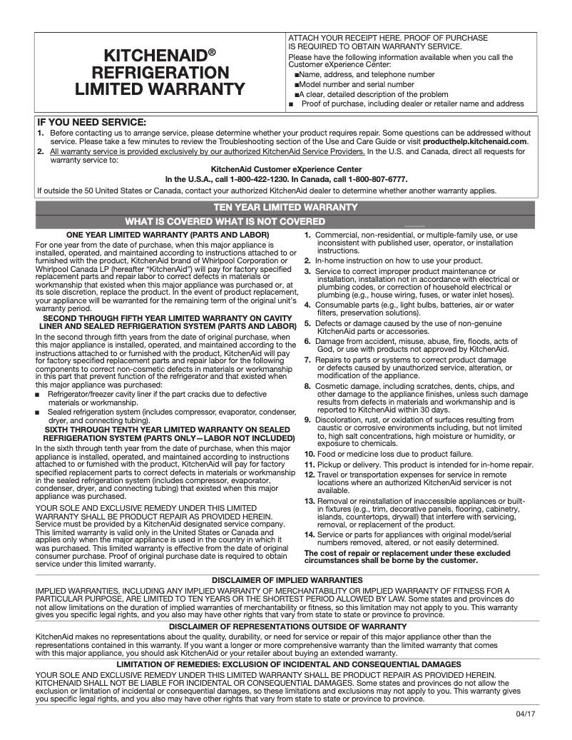 Page 1 de la notice Informations de garantie KitchenAid KRFF302EWH