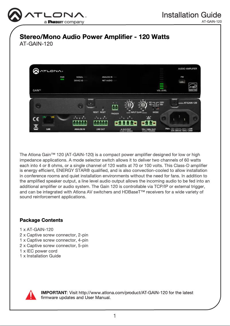 Page 1 de la notice Guide d'installation Atlona AT-GAIN-120