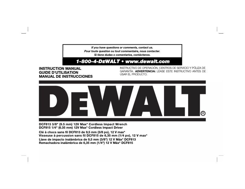 Page 1 de la notice Manuel utilisateur DeWalt DCF813