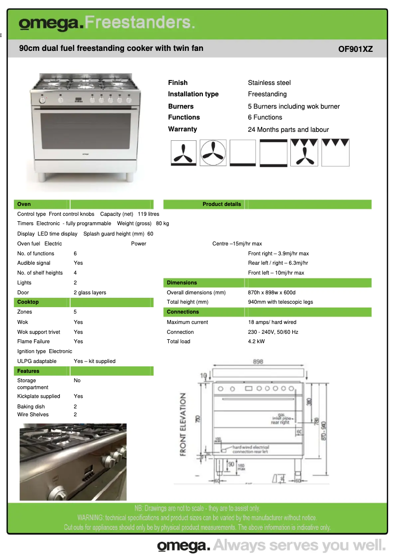Page 1 de la notice Fiche technique Omega OF901XZ