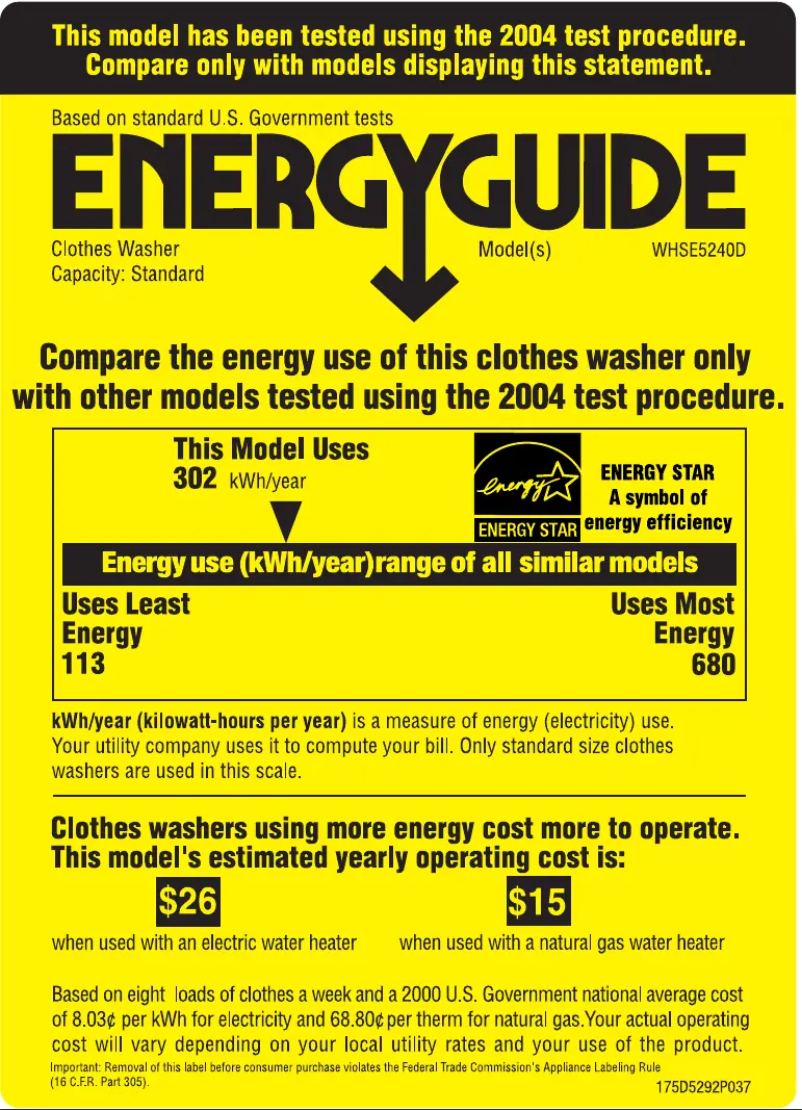 Página 1 del manual Etiqueta energética GE WHSE5240DWW