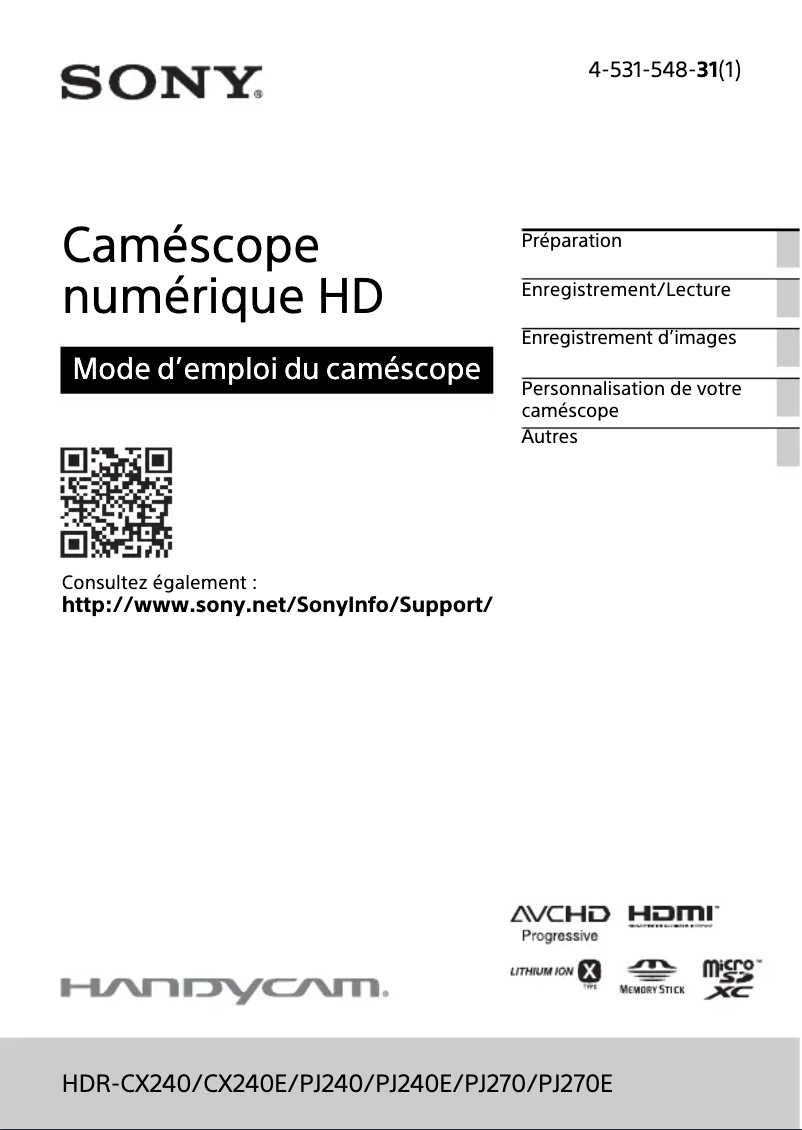 Page 1 de la notice Manuel utilisateur Sony HDR-PJ270E