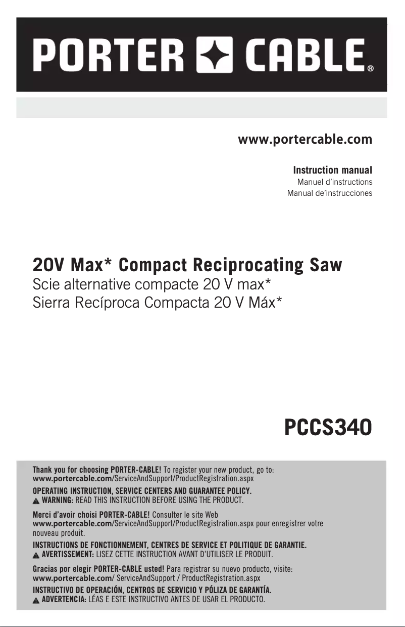 Page 1 de la notice Manuel utilisateur Porter-Cable PCCS340