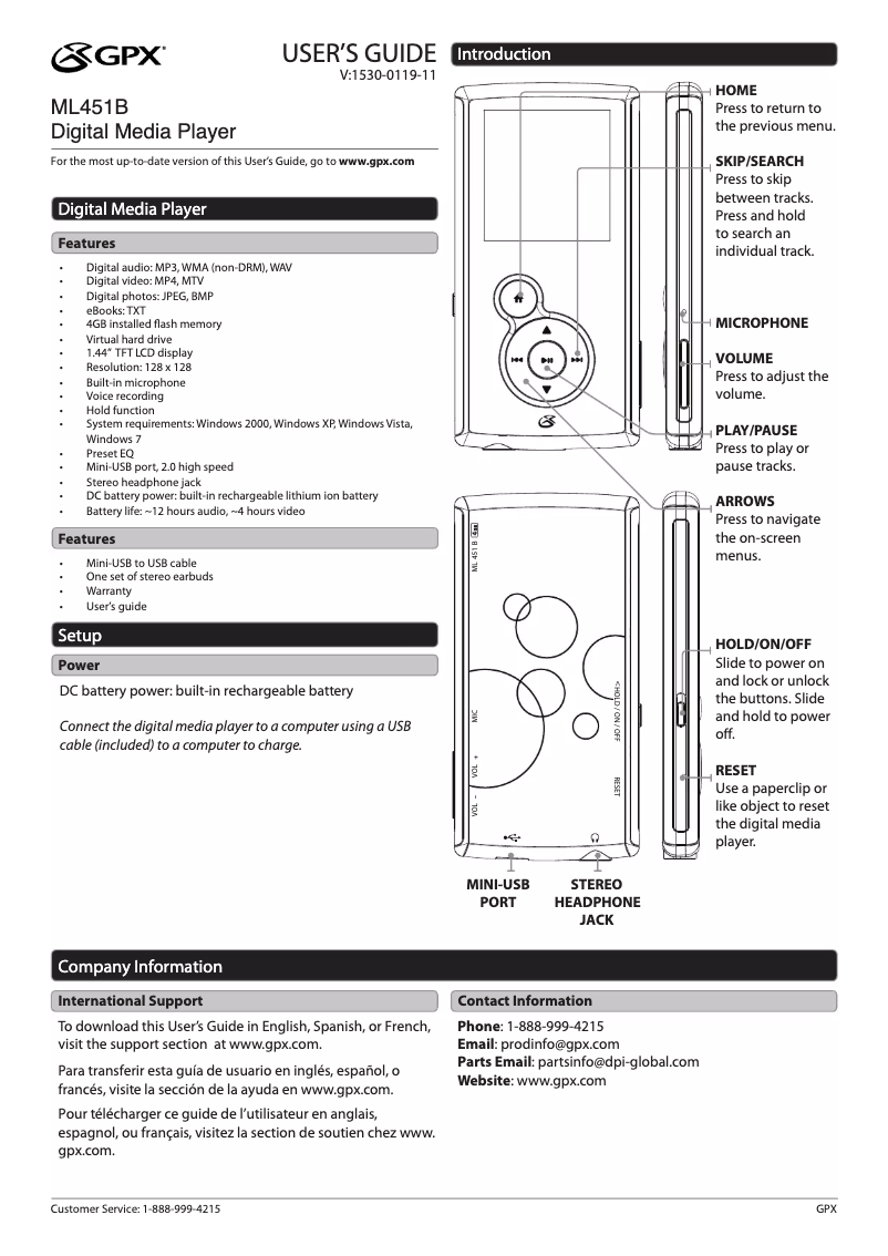 Page 1 de la notice Manuel utilisateur GPX ML451B