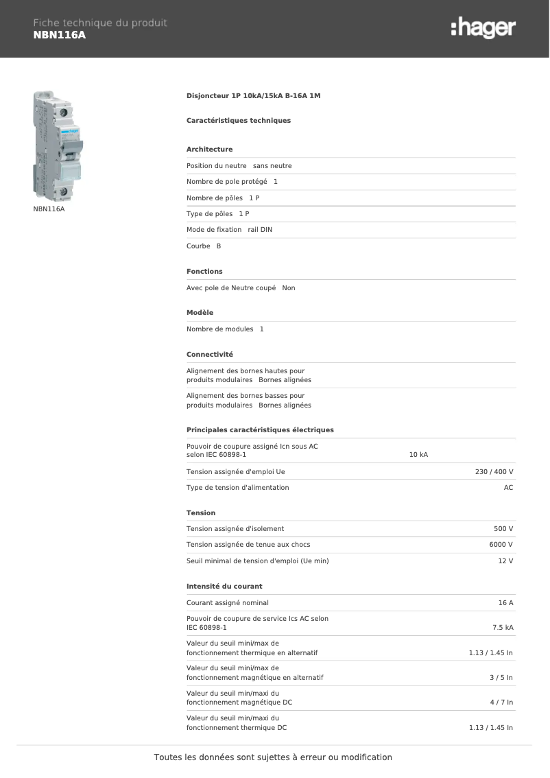 Page n°1 - Manuel utilisateur Hager NBN116A