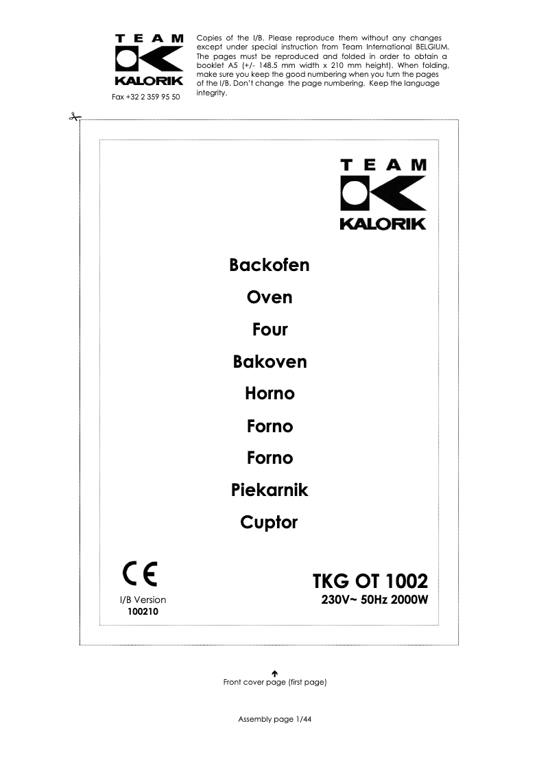 Page 1 de la notice Manuel utilisateur Kalorik TKG OT 1002