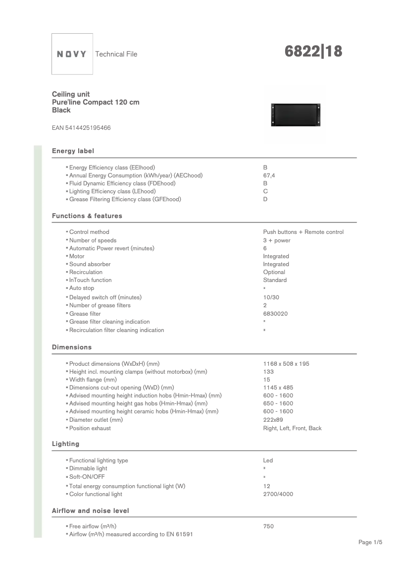 Page 1 de la notice Fiche technique Novy Pure'line Compact 6822