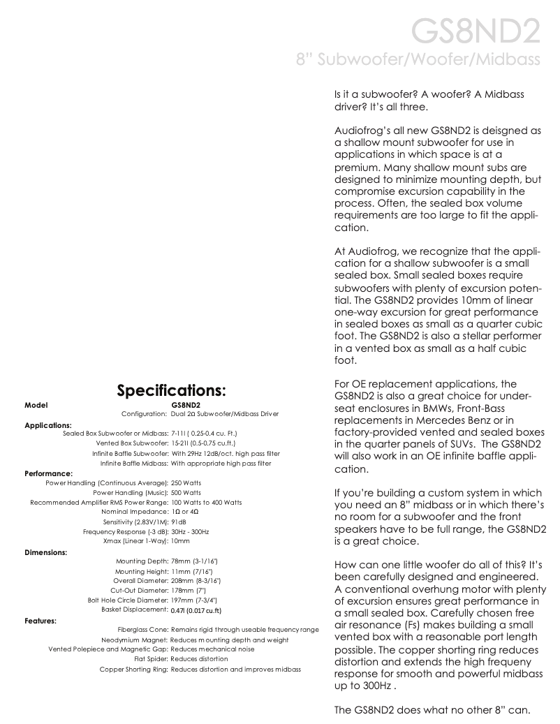 Page n°1 - Fiche technique Audiofrog GS8ND2