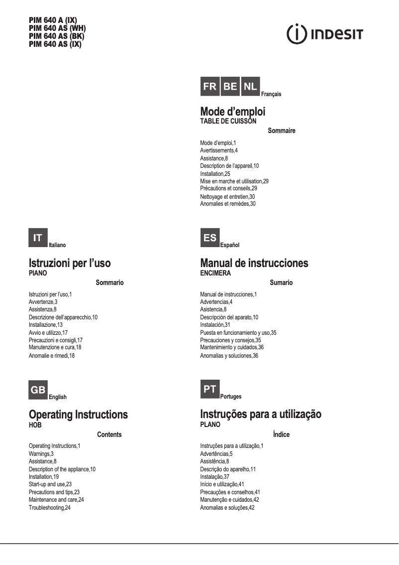 Page n°1 - Manuel utilisateur Indesit PIM 640 A (IX)