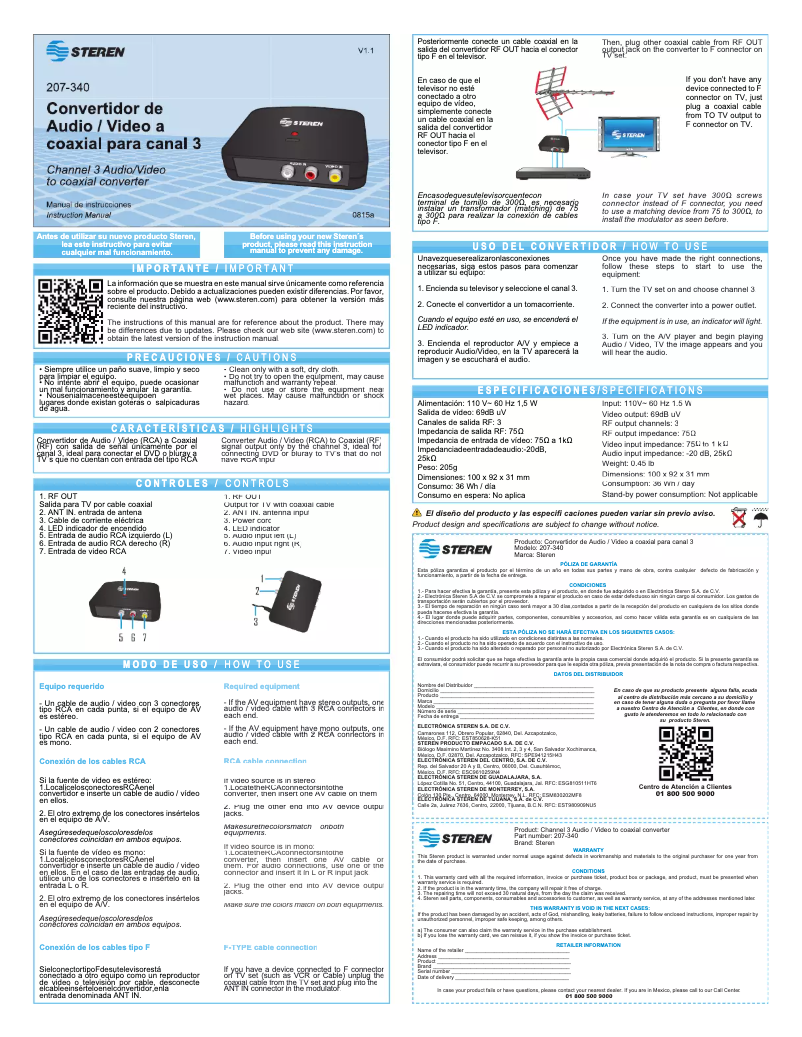 Page n°1 - Manuel utilisateur Steren 207-340