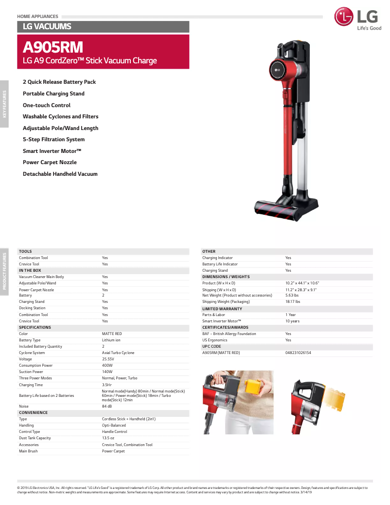 Page 1 de la notice Fiche technique LG A905RM