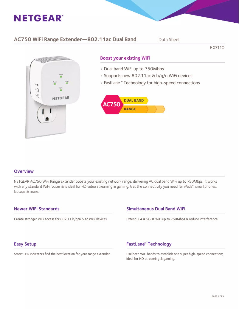 Page 1 de la notice Fiche technique Netgear EX3110