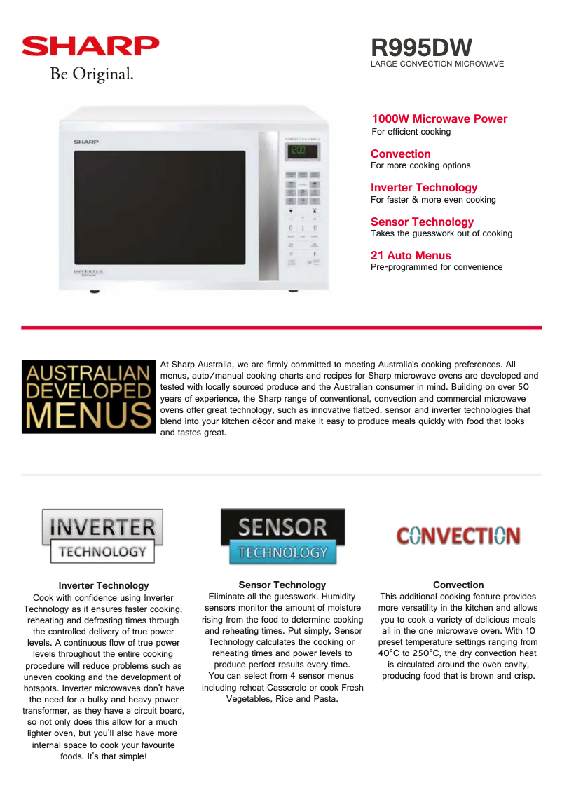Page 1 of the manual Technical Sheet Sharp R-995DW
