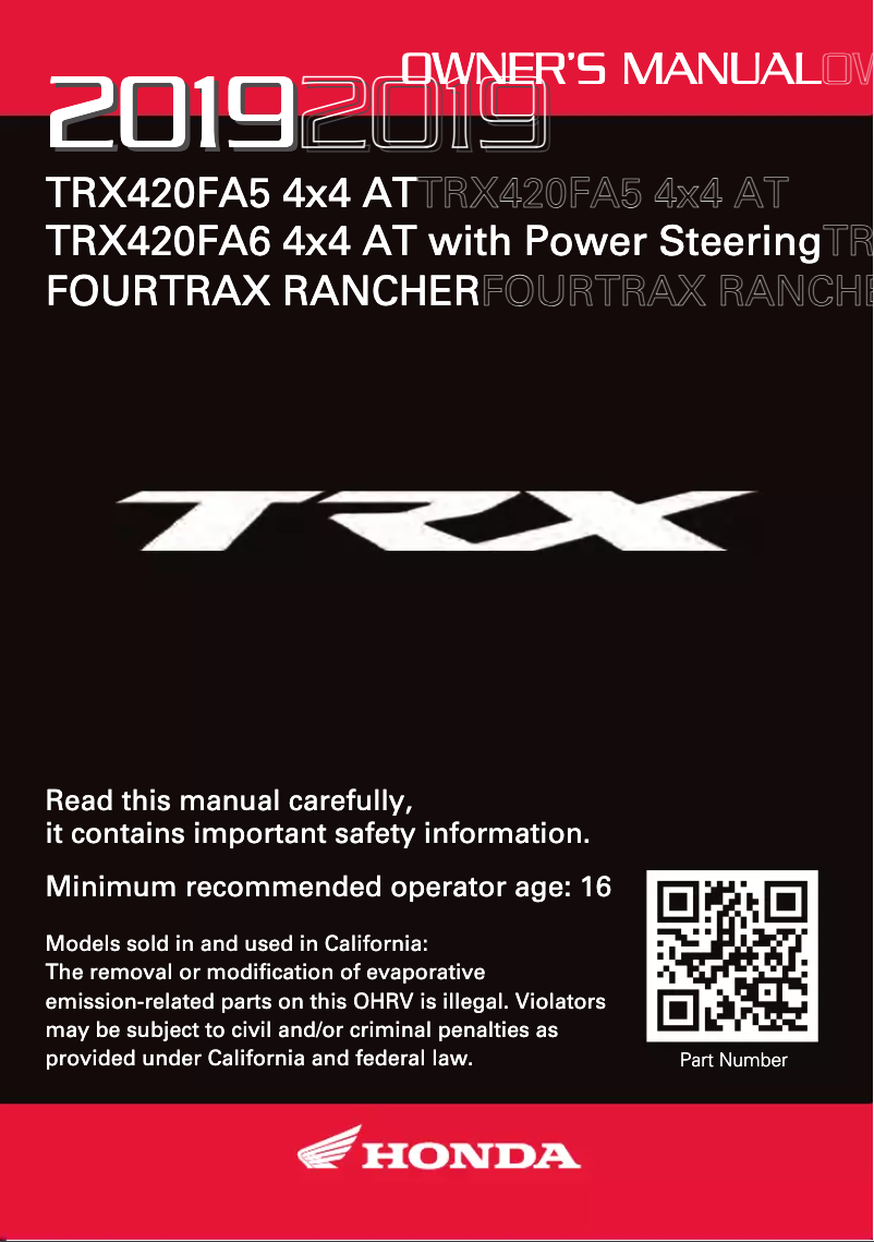 Page 1 de la notice Manuel utilisateur Honda FourTrax Rancher TRX420FA5 (2019)