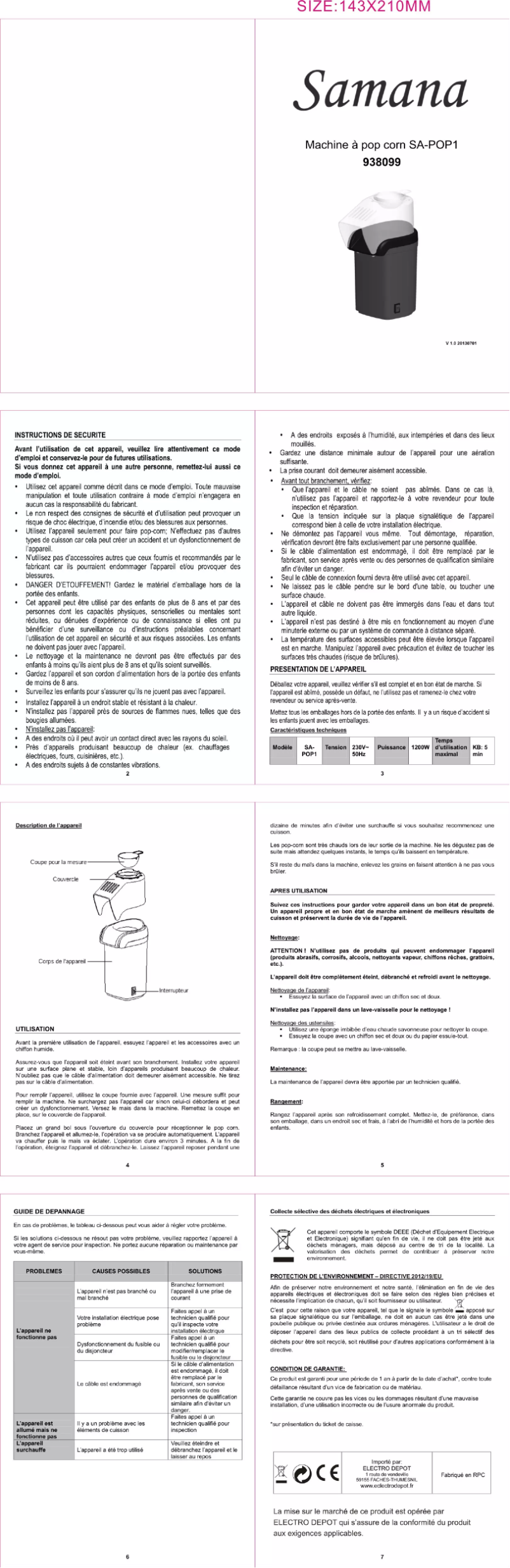 Image de la première page du manuel de l'appareil SA-POP1