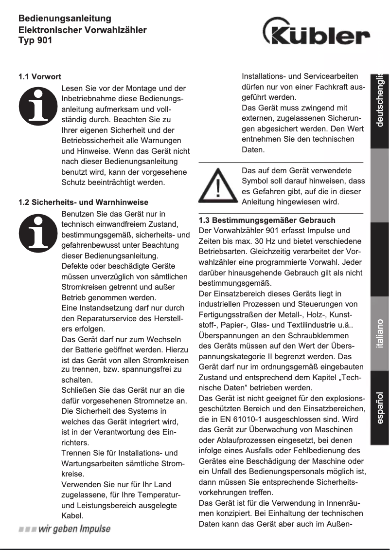 Page 1 de la notice Manuel utilisateur Kübler Typ 901