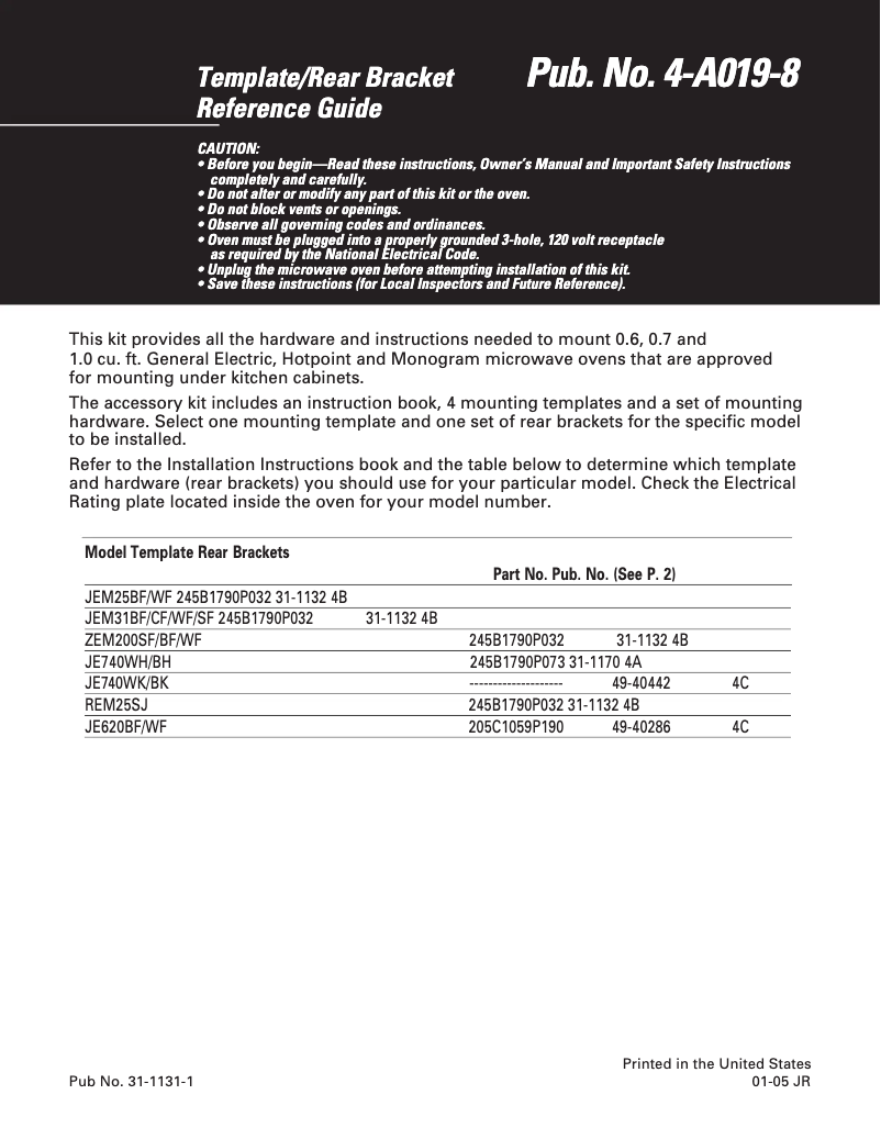 Page 1 de la notice Guide d'installation GE JEM25BF