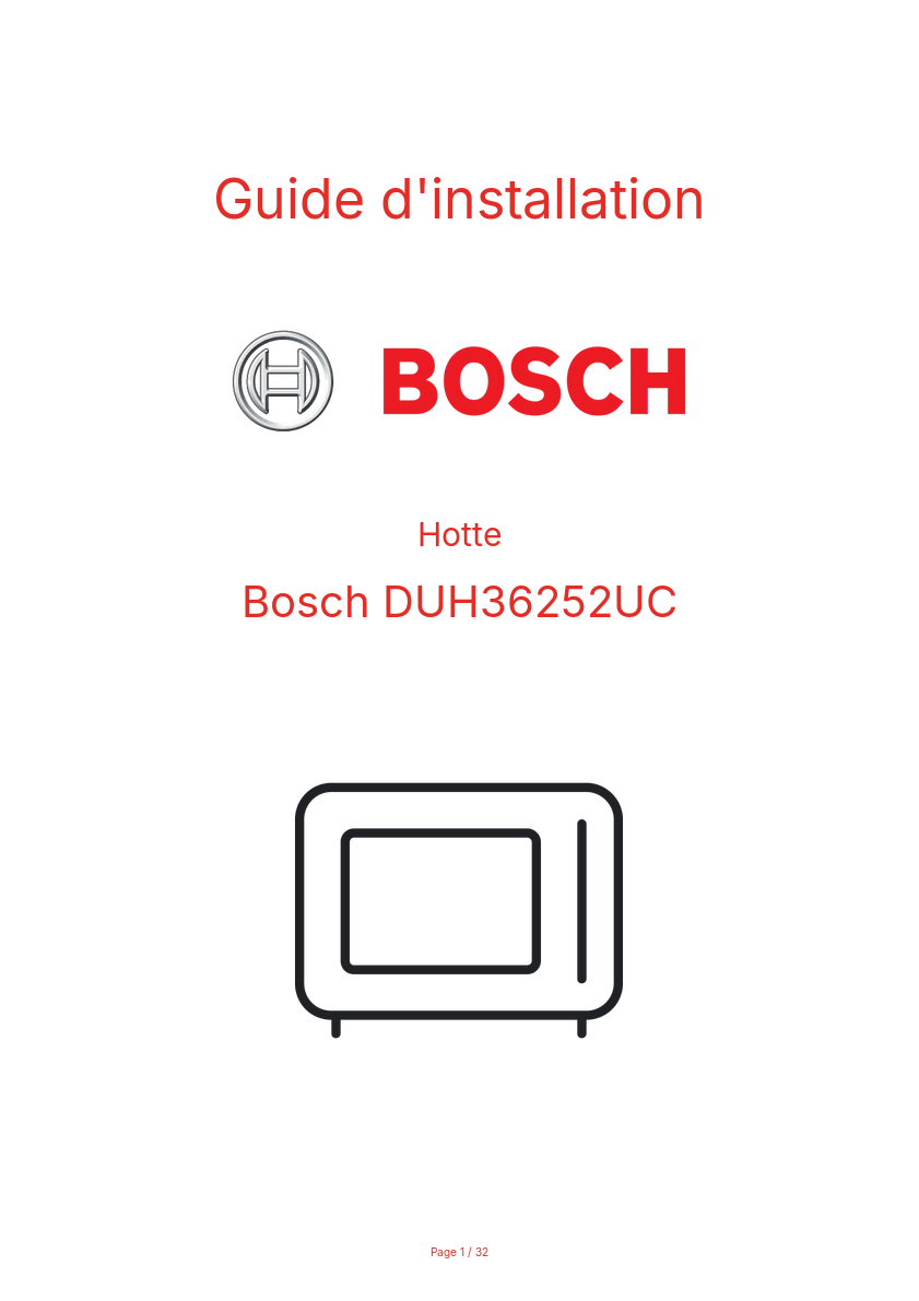 Page n°1 - Guide d'installation Bosch DUH36252UC