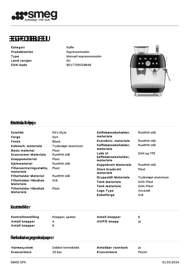 Page n°1 - Fiche technique Smeg EGF03