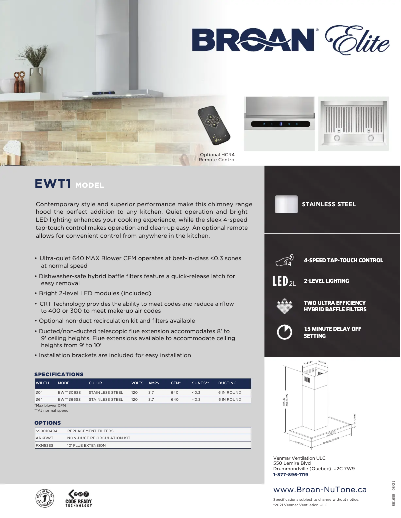 Page 1 de la notice Brochure Broan EWT1366SS