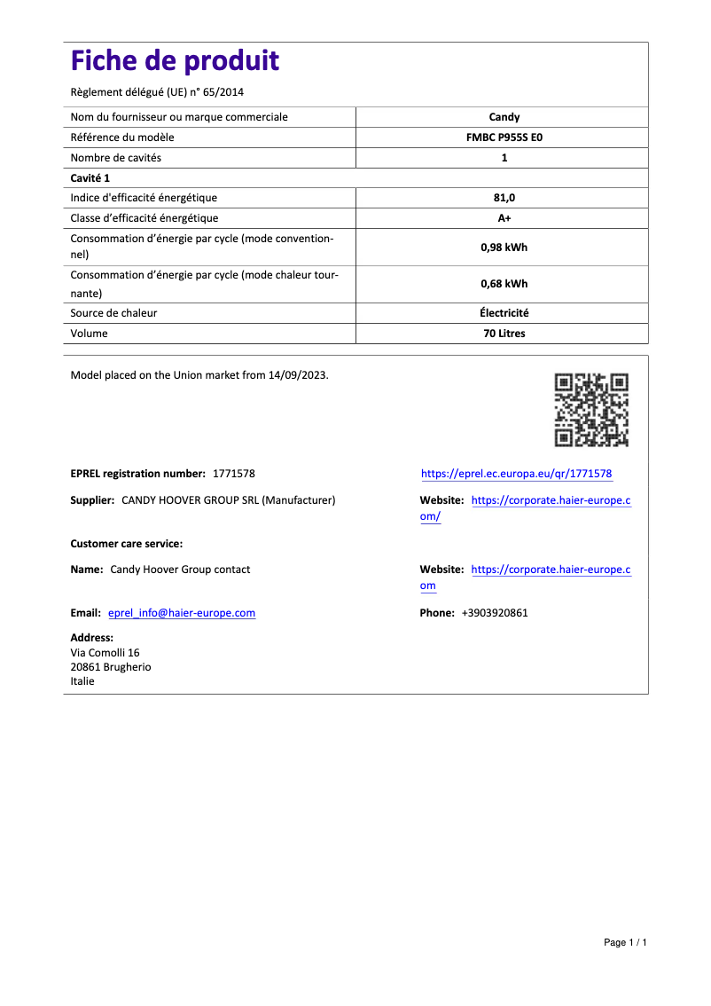 Page 1 de la notice Manuel utilisateur Candy FMBC P955S E0