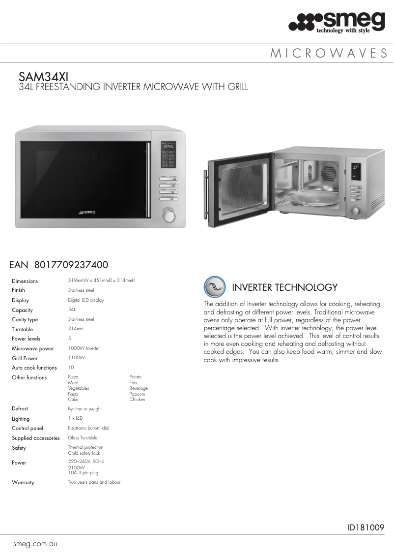 Page 1 de la notice Fiche technique Smeg SAM34XI