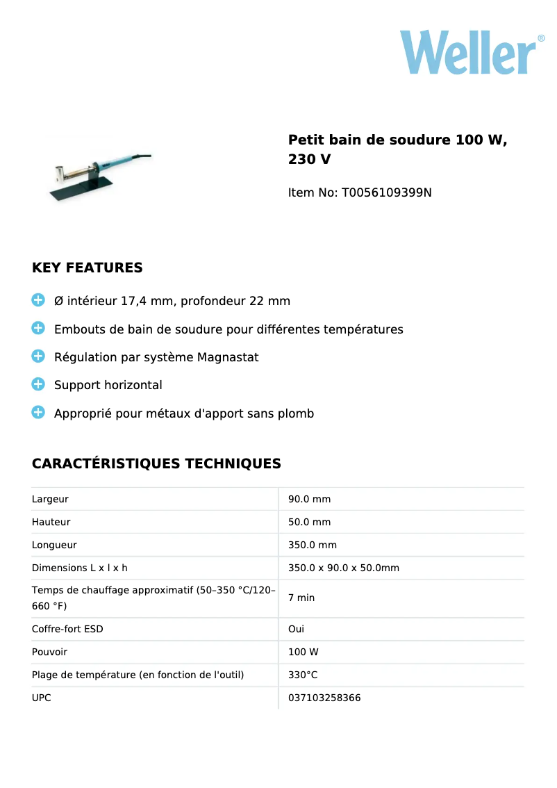 Page 1 de la notice Fiche technique Weller W101 H