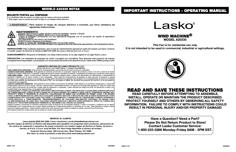 Page 1 de la notice Manuel utilisateur Lasko Wind Machine A20335
